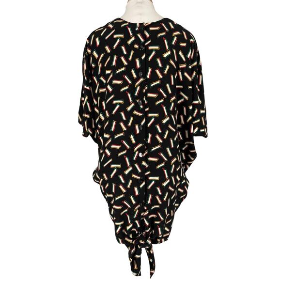 Vintage 80s Warren Z Dress Dolman Back Button Geometric Pattern Tie Up Disco Med - Picture 8 of 16